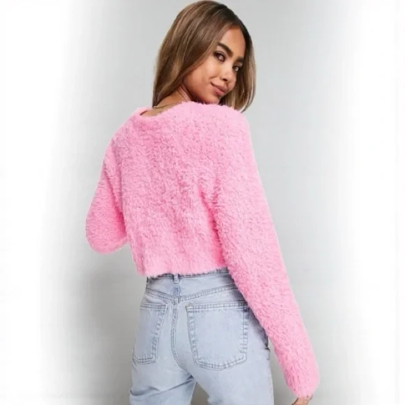 ASOS Design Crop Sweater in Fluffy Yarn - Pink Size 8 - Picture 2 of 5